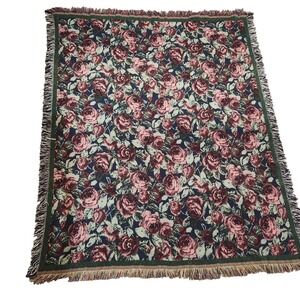Vintage Rose Floral Woven Tapestry Throw Blanket Fringed Cottagecore